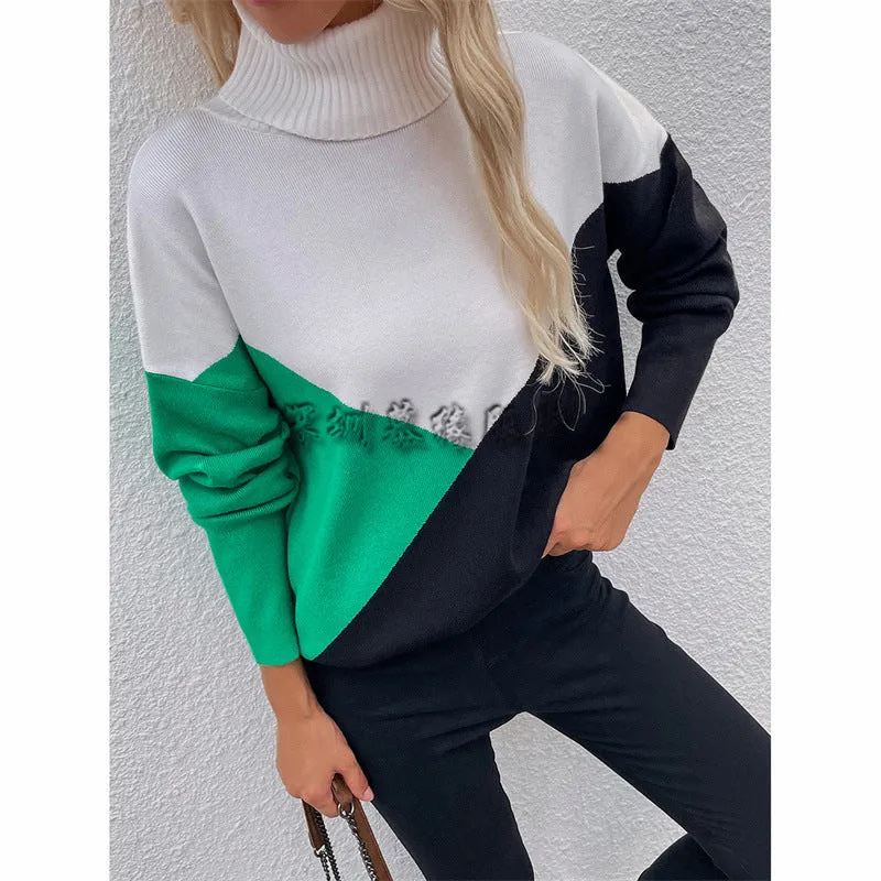 2025 autumn and winter 's new splicing women's knitted sweater pullover OL commuter women's plaid loose sweater women