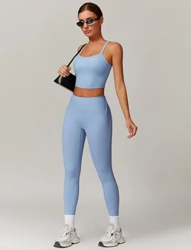 AGYMNX Workout Sets for Women 2 Piece High Waisted Seamless Butt Lifting Leggings Gym Yoga Outfit Stretchy Sports Bra Sets Sky Blue