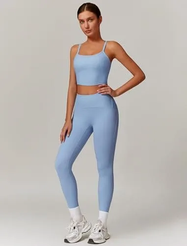 AGYMNX Workout Sets for Women 2 Piece High Waisted Seamless Butt Lifting Leggings Gym Yoga Outfit Stretchy Sports Bra Sets Sky Blue