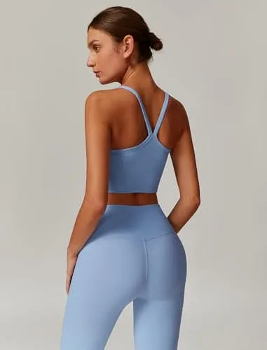 AGYMNX Workout Sets for Women 2 Piece High Waisted Seamless Butt Lifting Leggings Gym Yoga Outfit Stretchy Sports Bra Sets Sky Blue