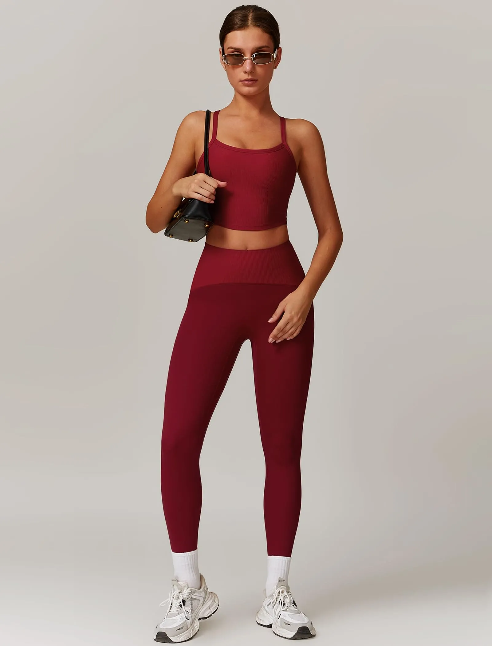 AGYMNX Workout Sets for Women 2 Piece High Waisted Seamless Butt Lifting Leggings Gym Yoga Outfit Stretchy Sports Bra Sets Sky Red