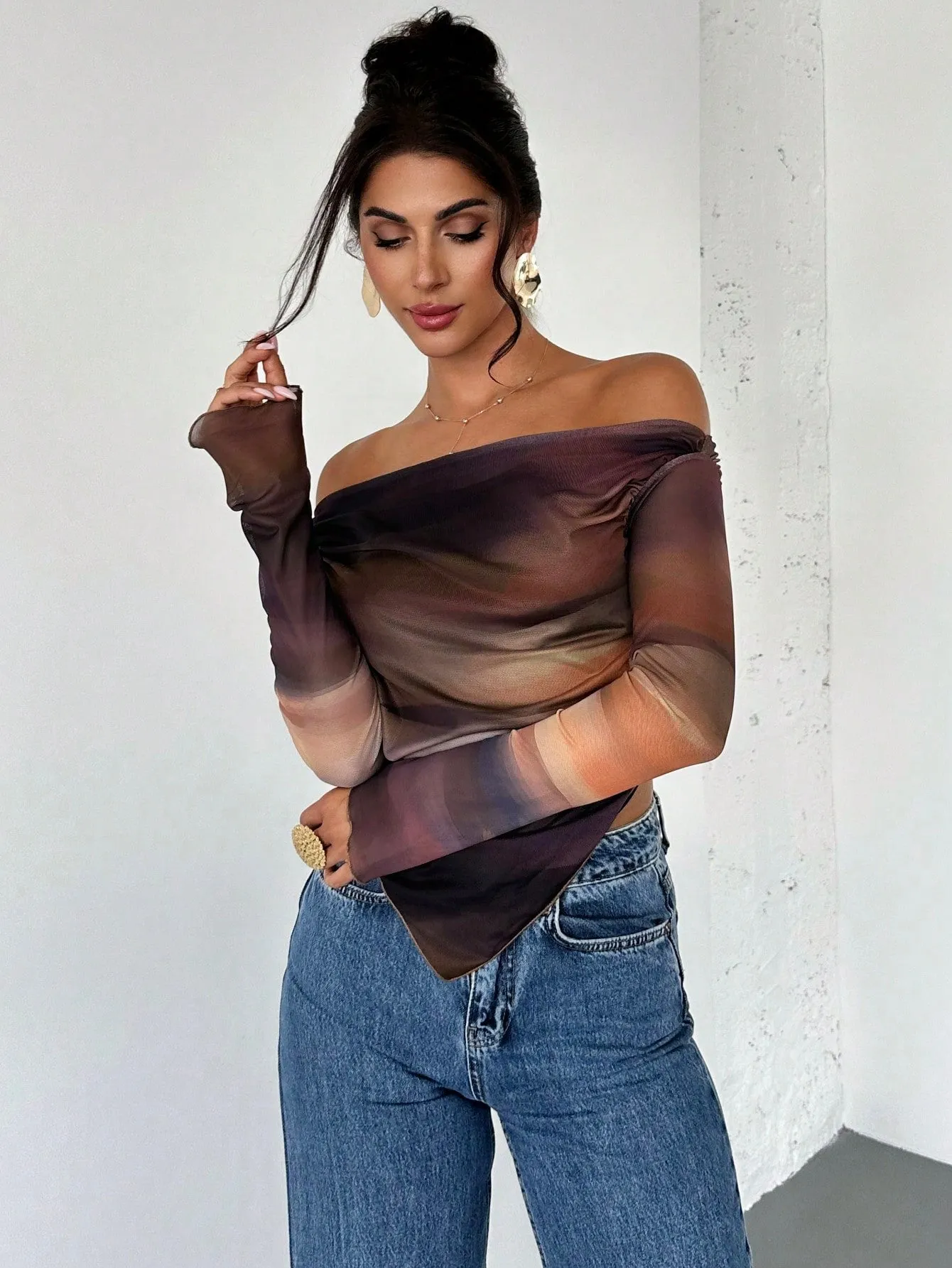 Aloruh Women's Asymmetrical Hem Tie Dye Long Sleeve T-Shirt