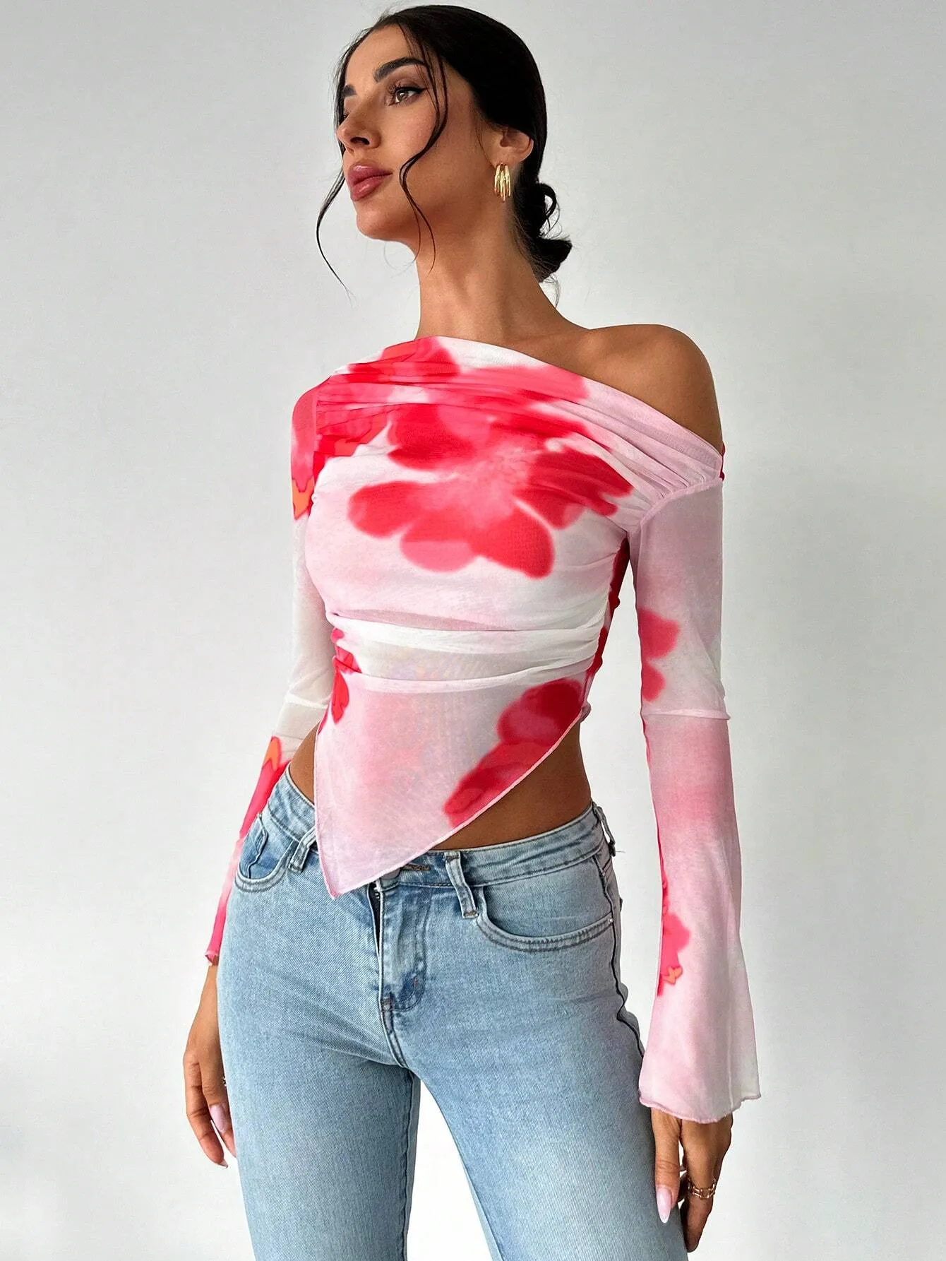 Aloruh Women's Asymmetrical Hem Tie Dye Long Sleeve T-Shirt