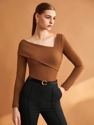 BIZwear Women's Solid Color Brown Slim Fit Asymmetric Collar T-Shirt With Elasticity