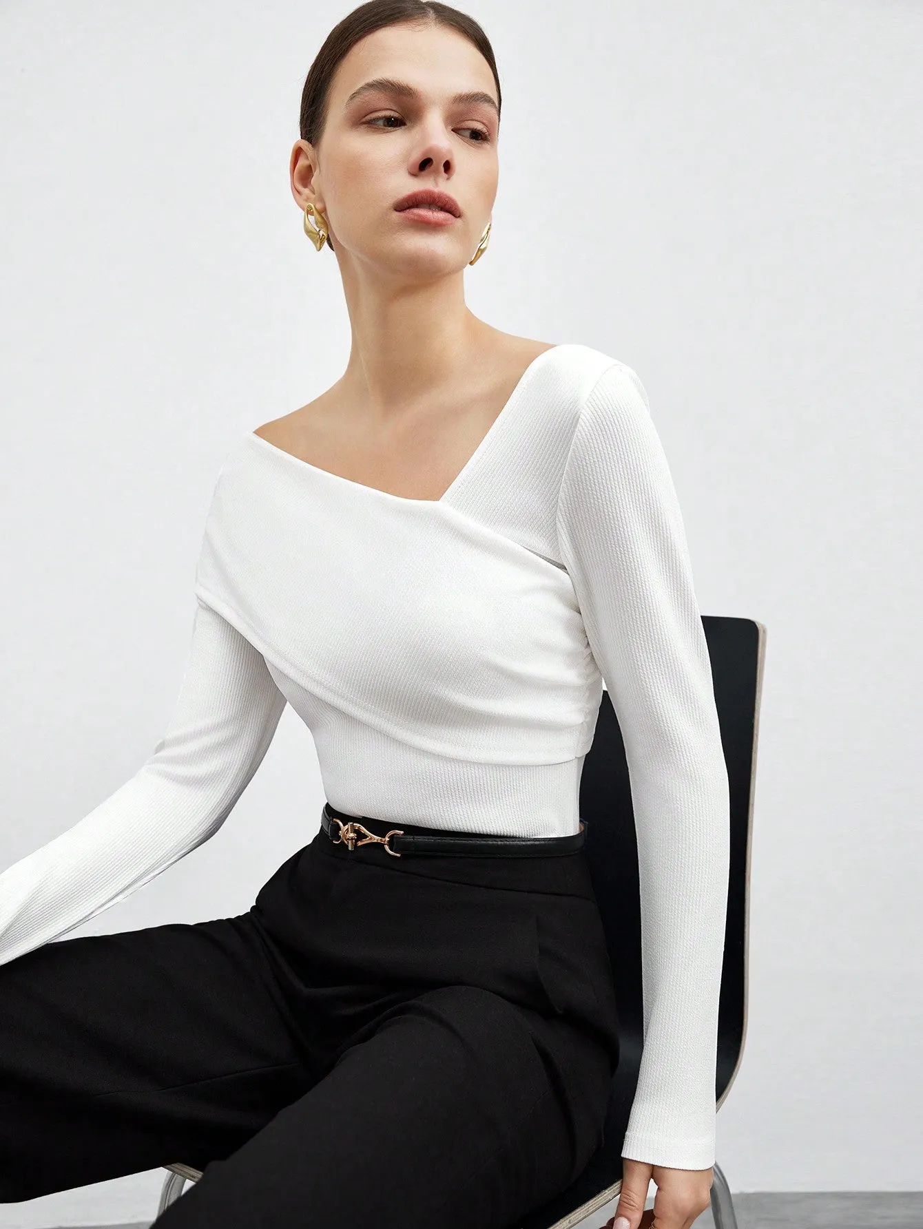 BIZwear Women's Solid Color Brown Slim Fit Asymmetric Collar T-Shirt With Elasticity