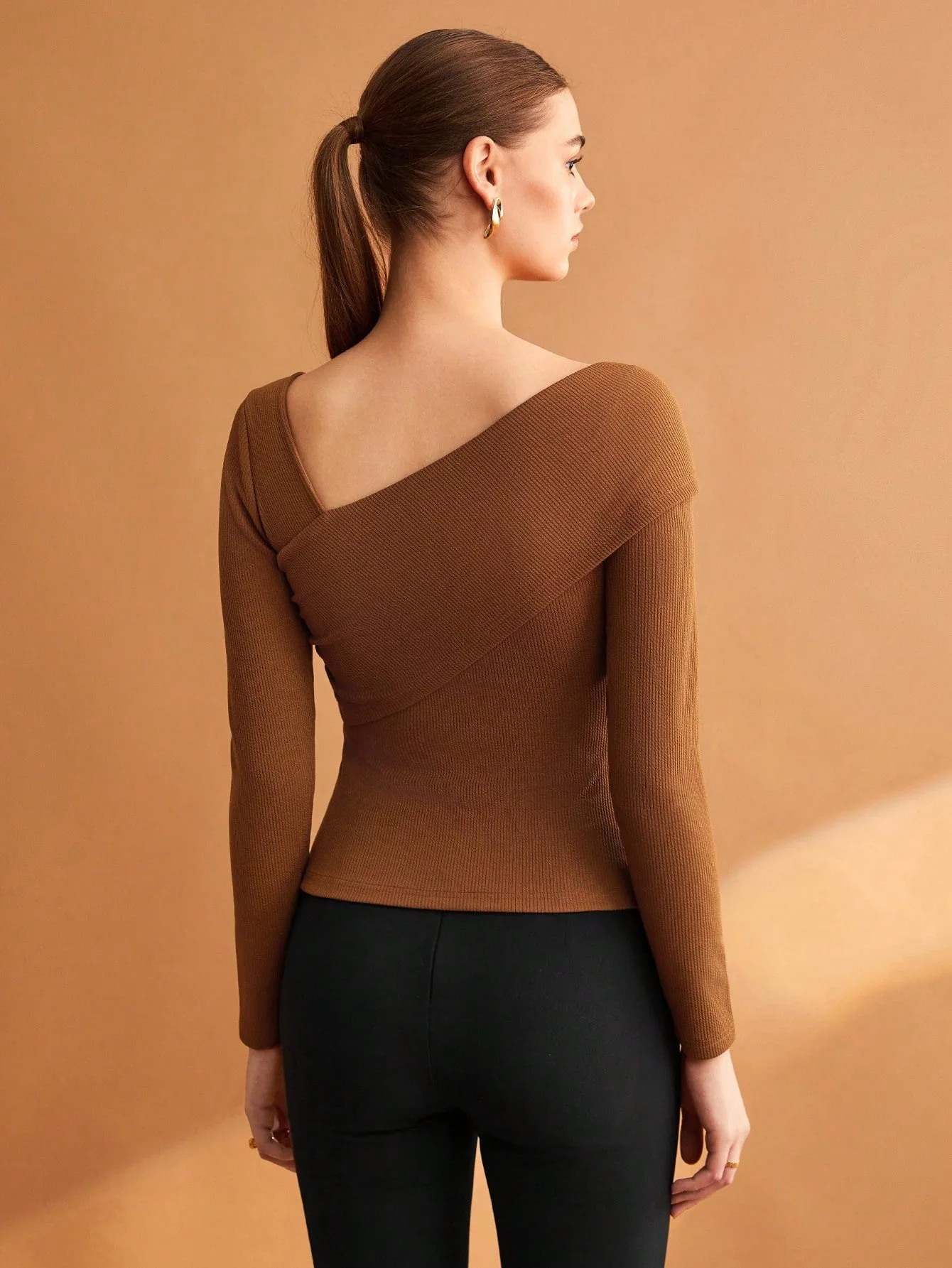 BIZwear Women's Solid Color Brown Slim Fit Asymmetric Collar T-Shirt With Elasticity