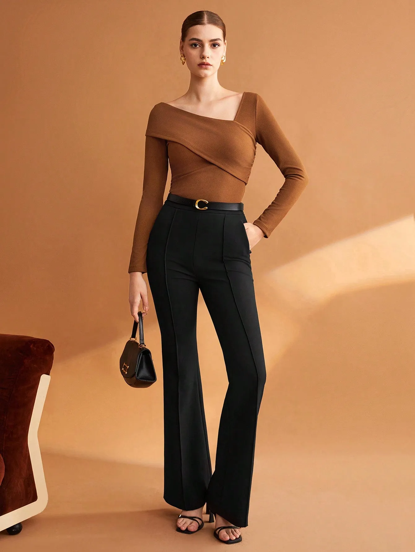 BIZwear Women's Solid Color Brown Slim Fit Asymmetric Collar T-Shirt With Elasticity