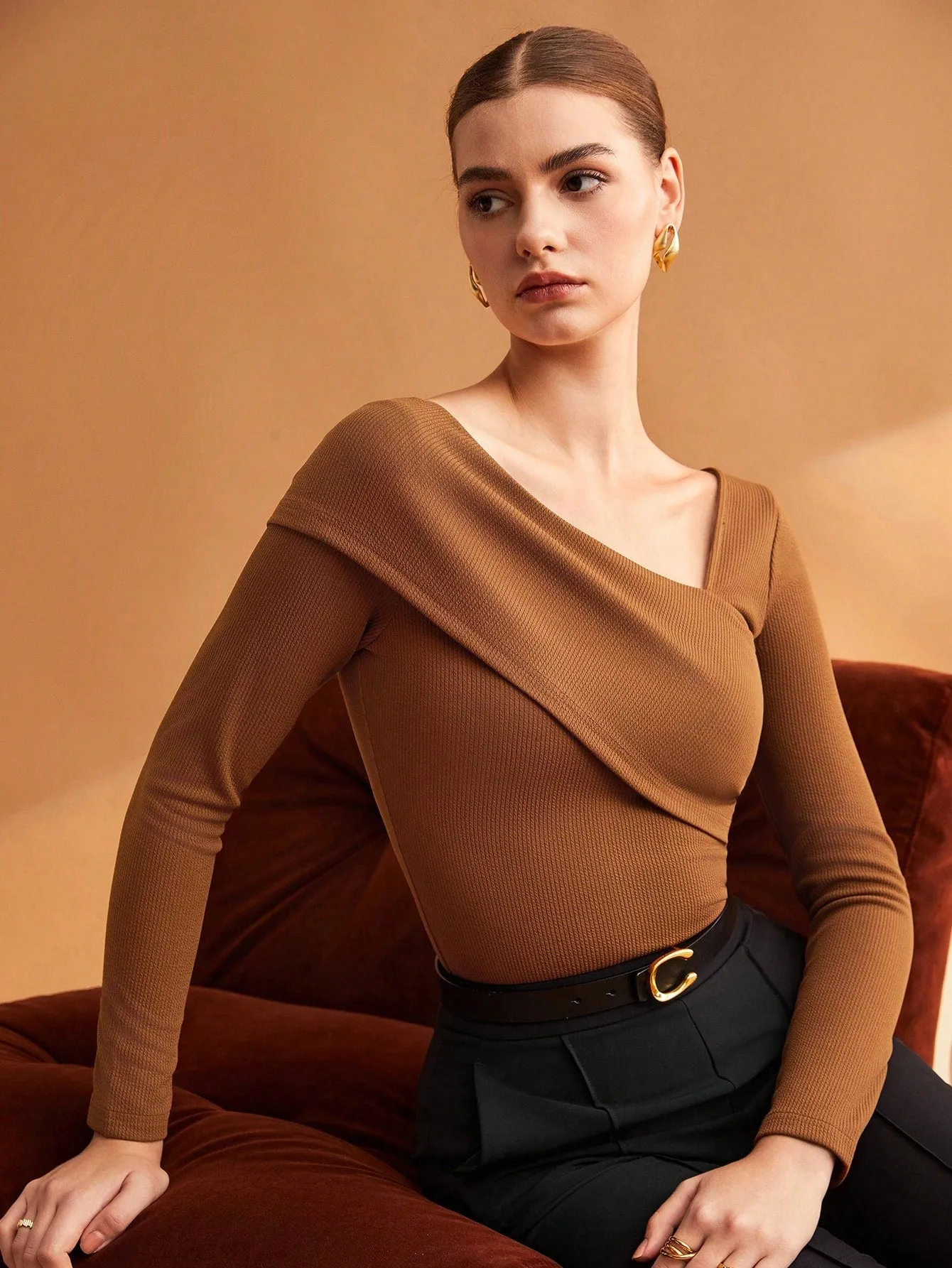 BIZwear Women's Solid Color Brown Slim Fit Asymmetric Collar T-Shirt With Elasticity
