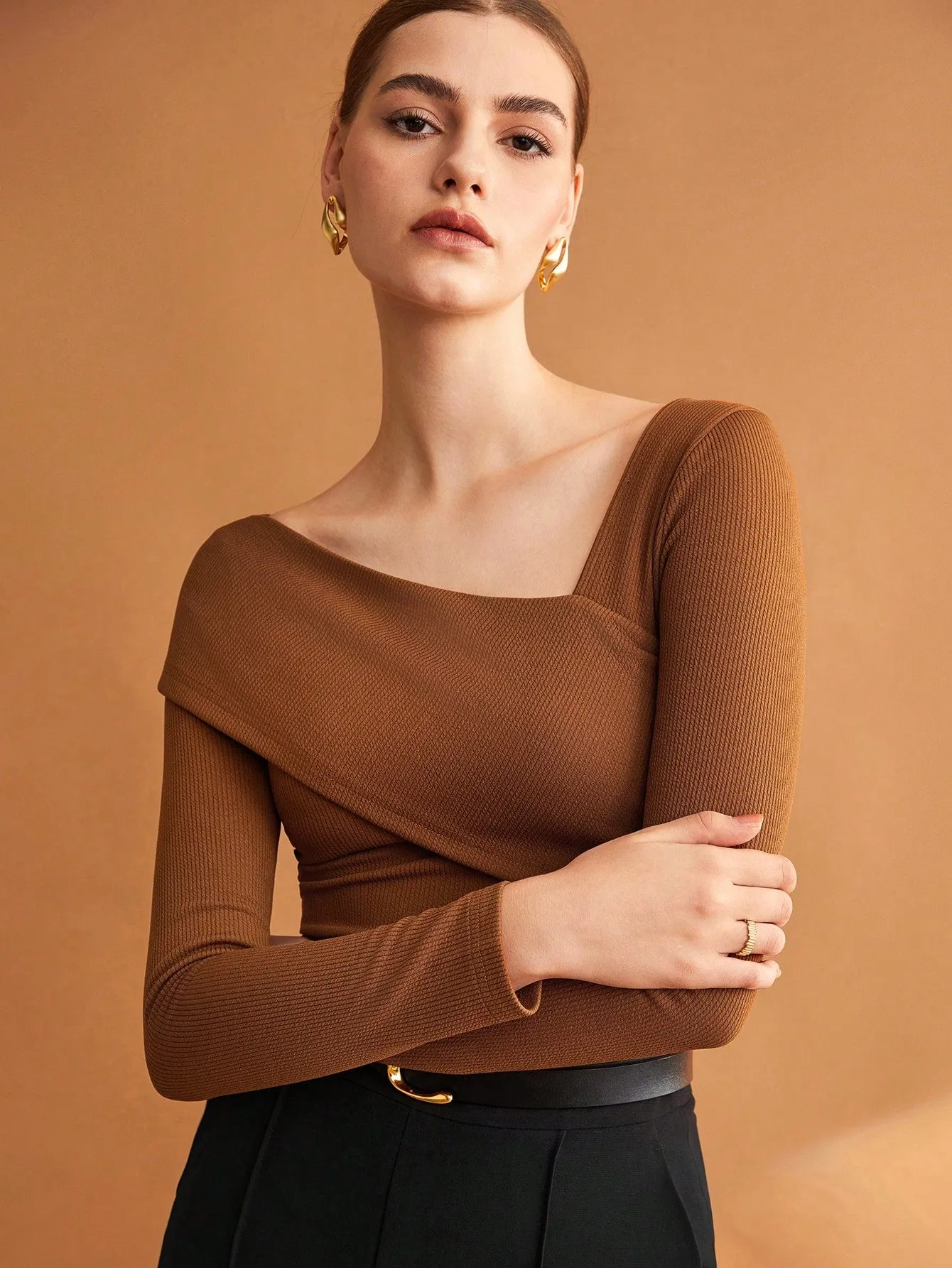 BIZwear Women's Solid Color Brown Slim Fit Asymmetric Collar T-Shirt With Elasticity