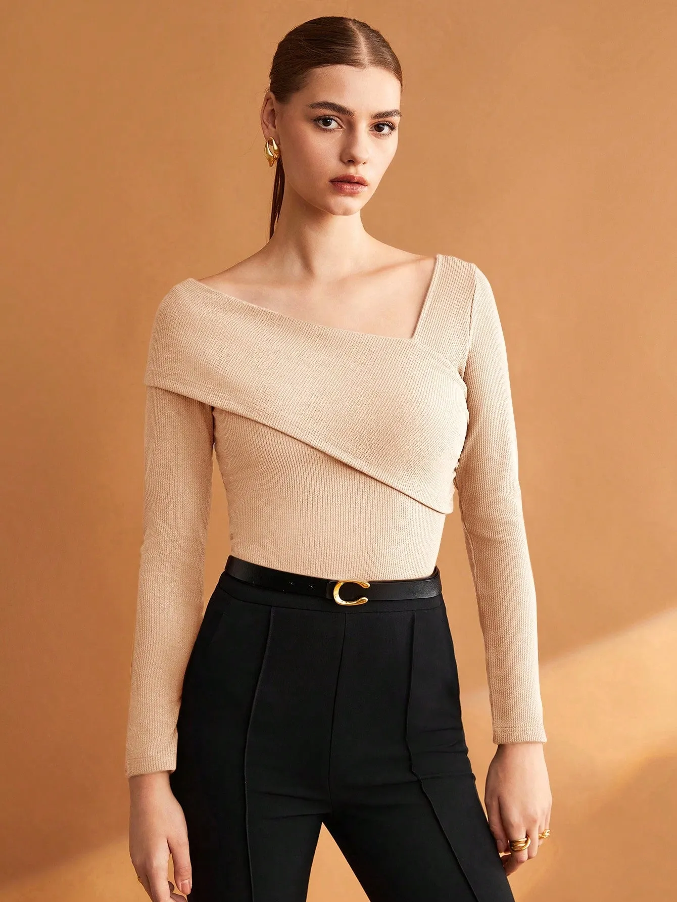 BIZwear Women's Solid Color Brown Slim Fit Asymmetric Collar T-Shirt With Elasticity