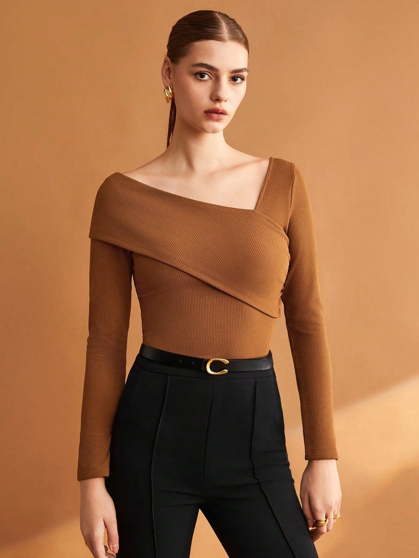 BIZwear Women's Solid Color Brown Slim Fit Asymmetric Collar T-Shirt With Elasticity