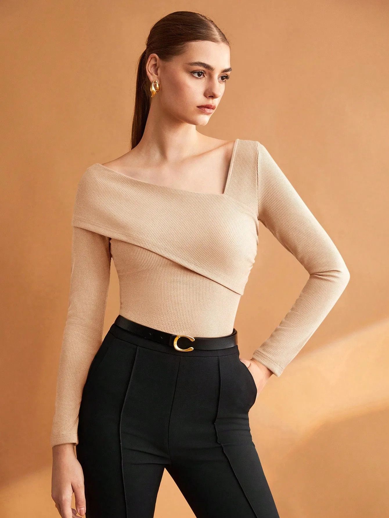 BIZwear Women's Solid Color Brown Slim Fit Asymmetric Collar T-Shirt With Elasticity