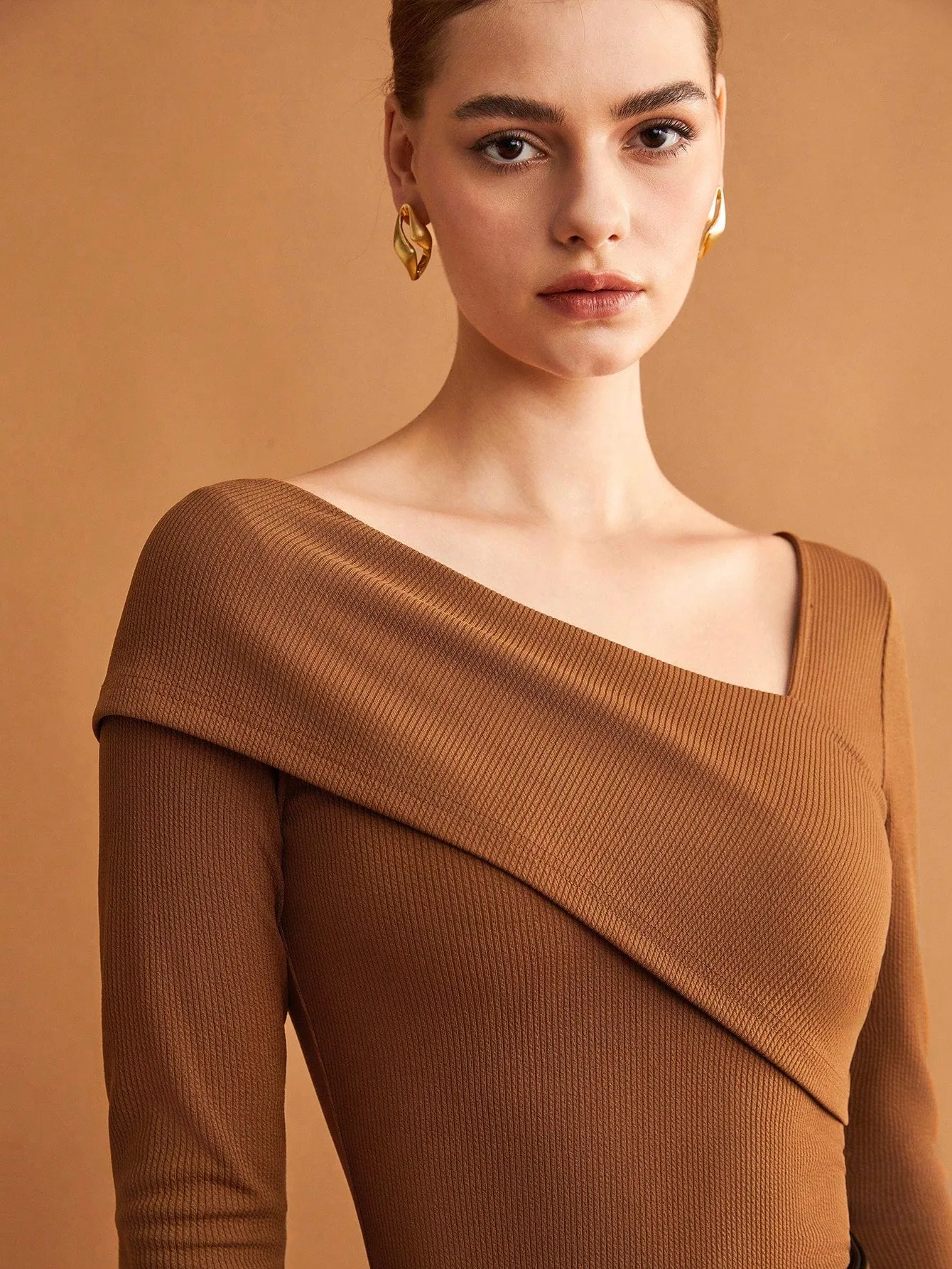 BIZwear Women's Solid Color Brown Slim Fit Asymmetric Collar T-Shirt With Elasticity