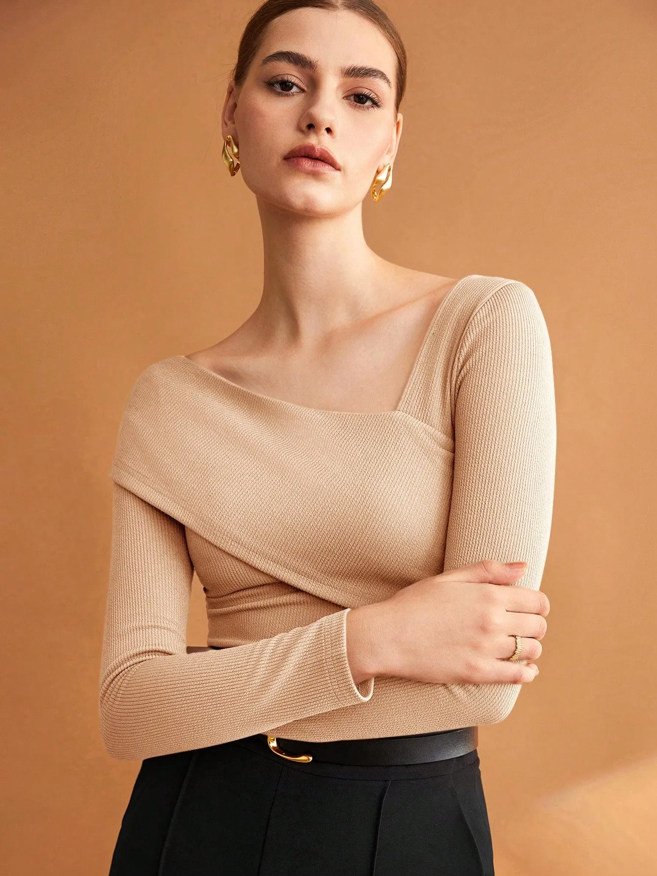 BIZwear Women's Solid Color Brown Slim Fit Asymmetric Collar T-Shirt With Elasticity