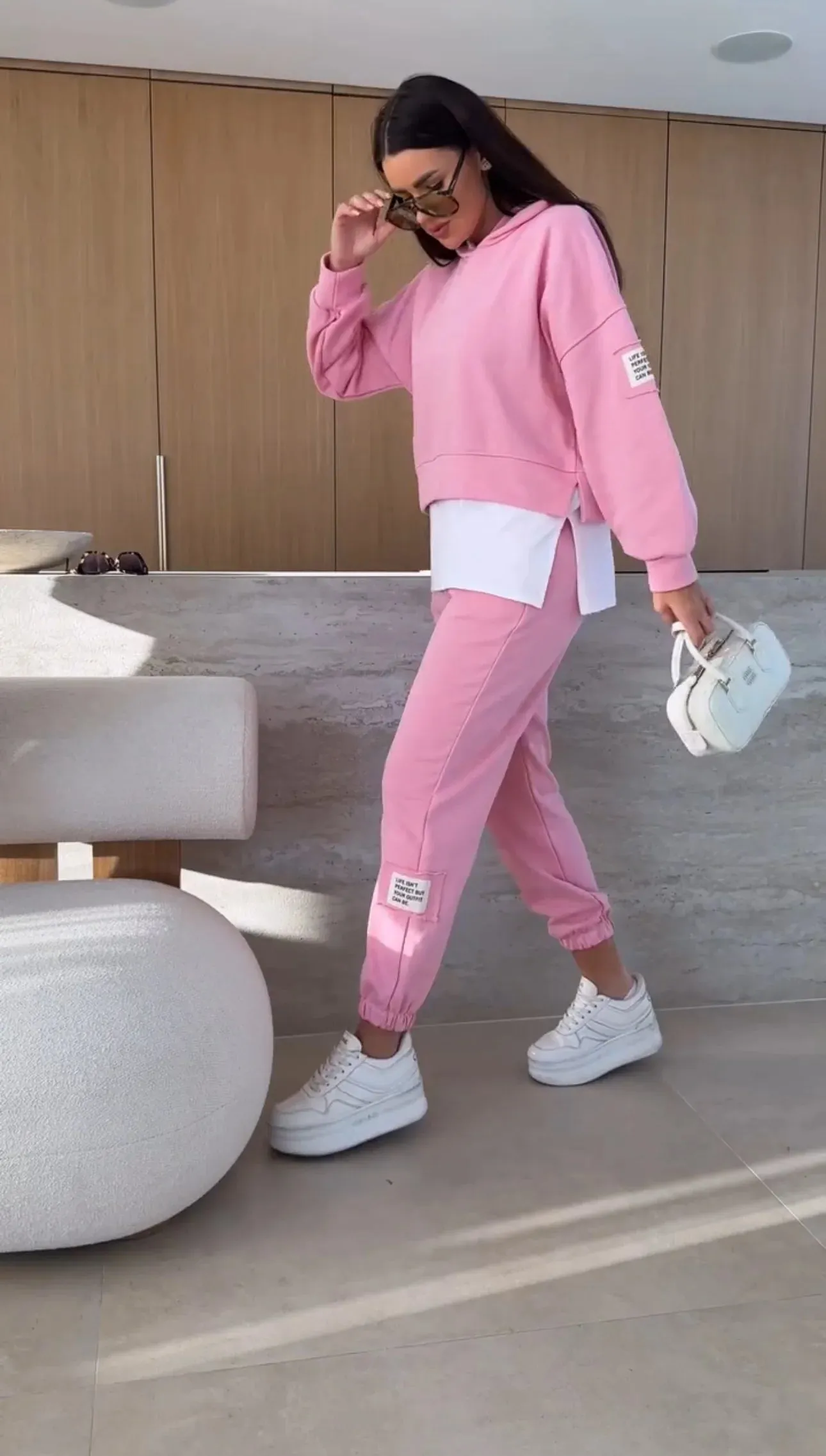 Casual Women's Hoodie Sweatshirt Set with Patchwork