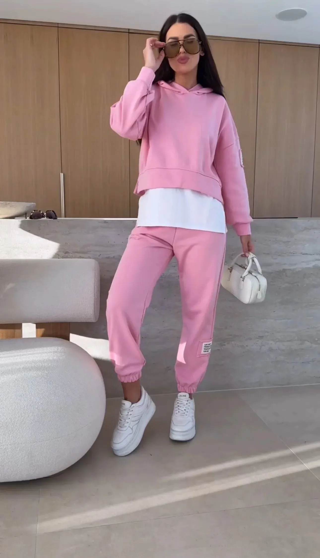 Casual Women's Hoodie Sweatshirt Set with Patchwork