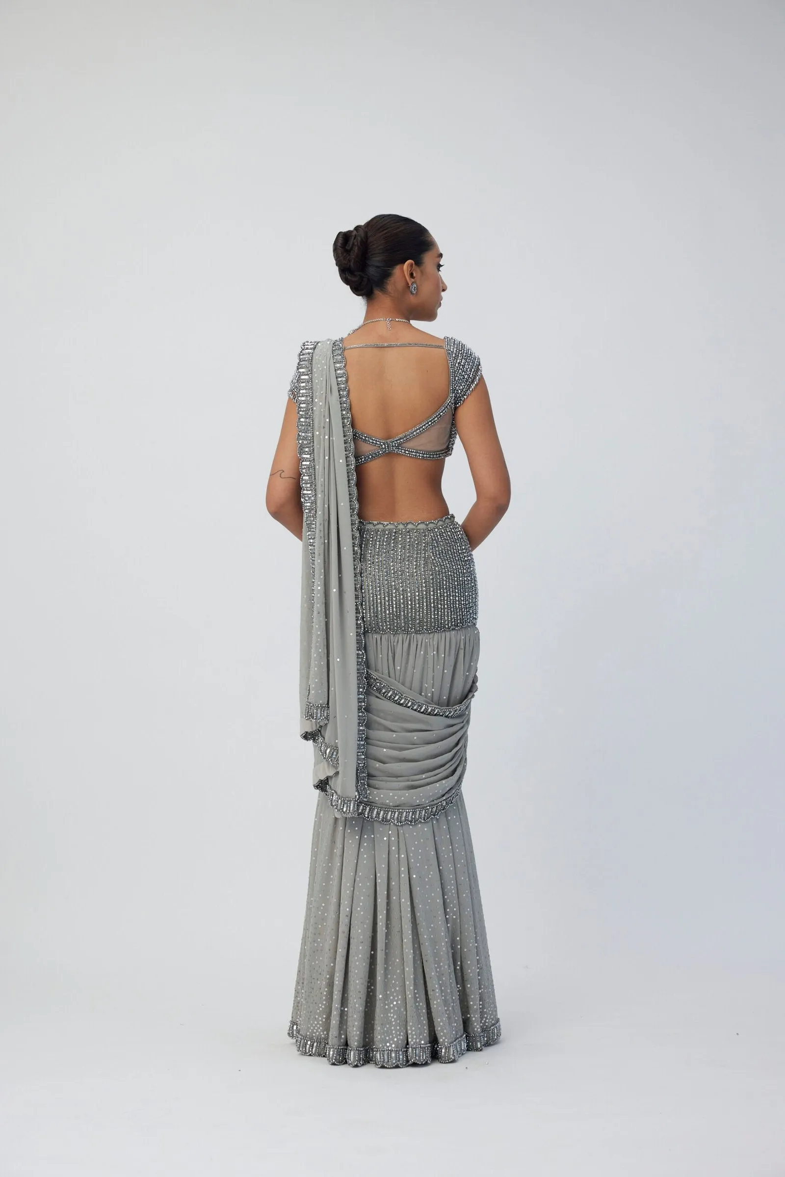 Crystal Grey Pre Draped Saree Set