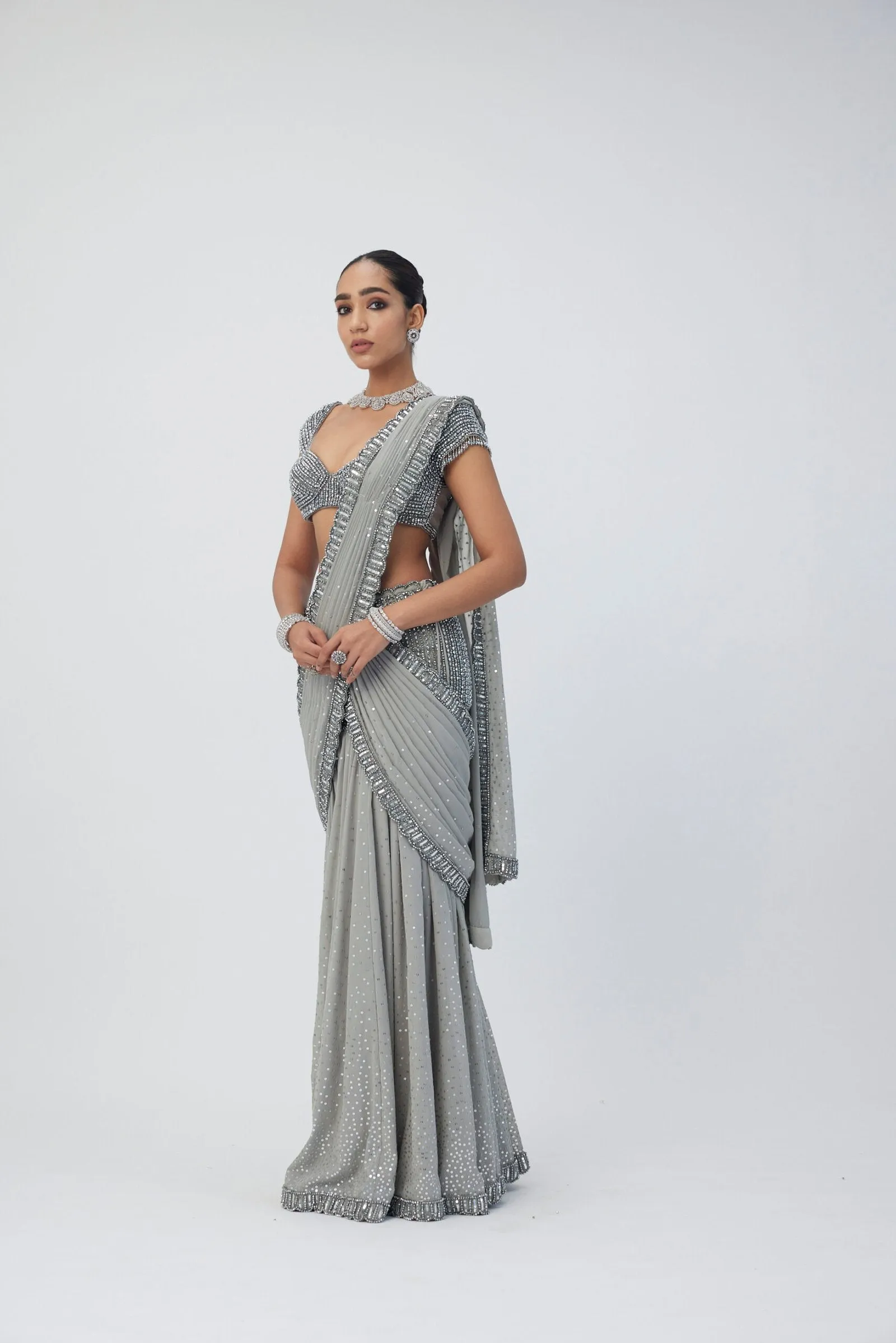 Crystal Grey Pre Draped Saree Set