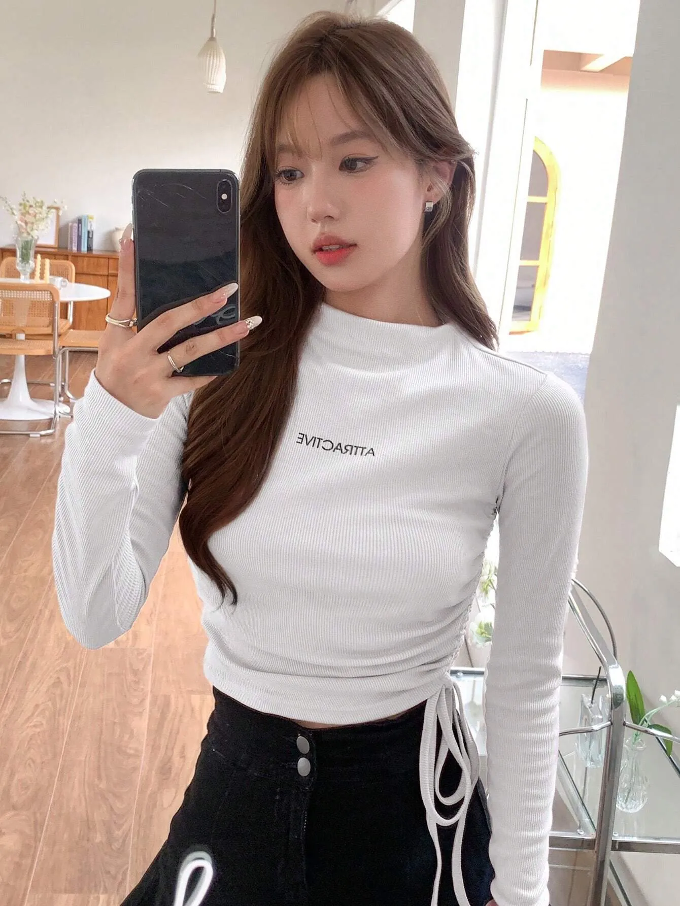 DAZY Women's Letter Embroidered Ruched T-shirt