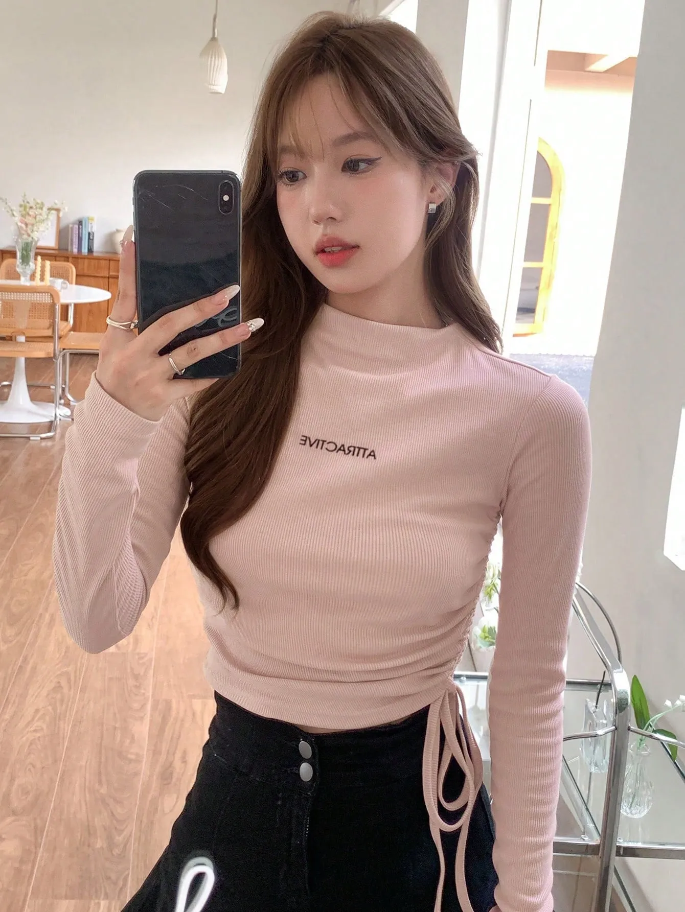 DAZY Women's Letter Embroidered Ruched T-shirt