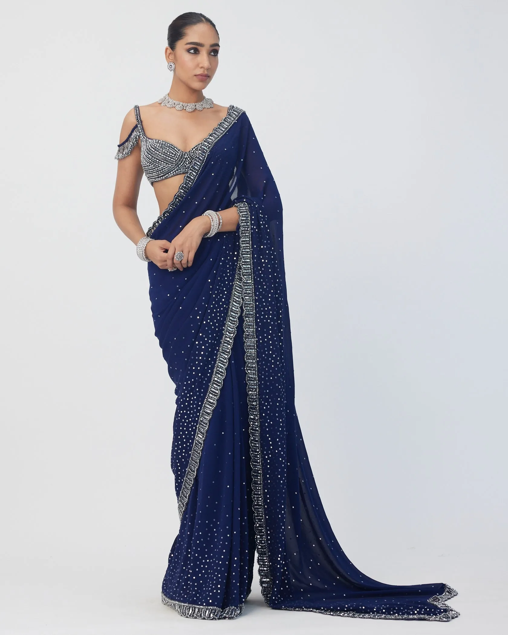 Deep Blue Sequins Scattered Sari Set