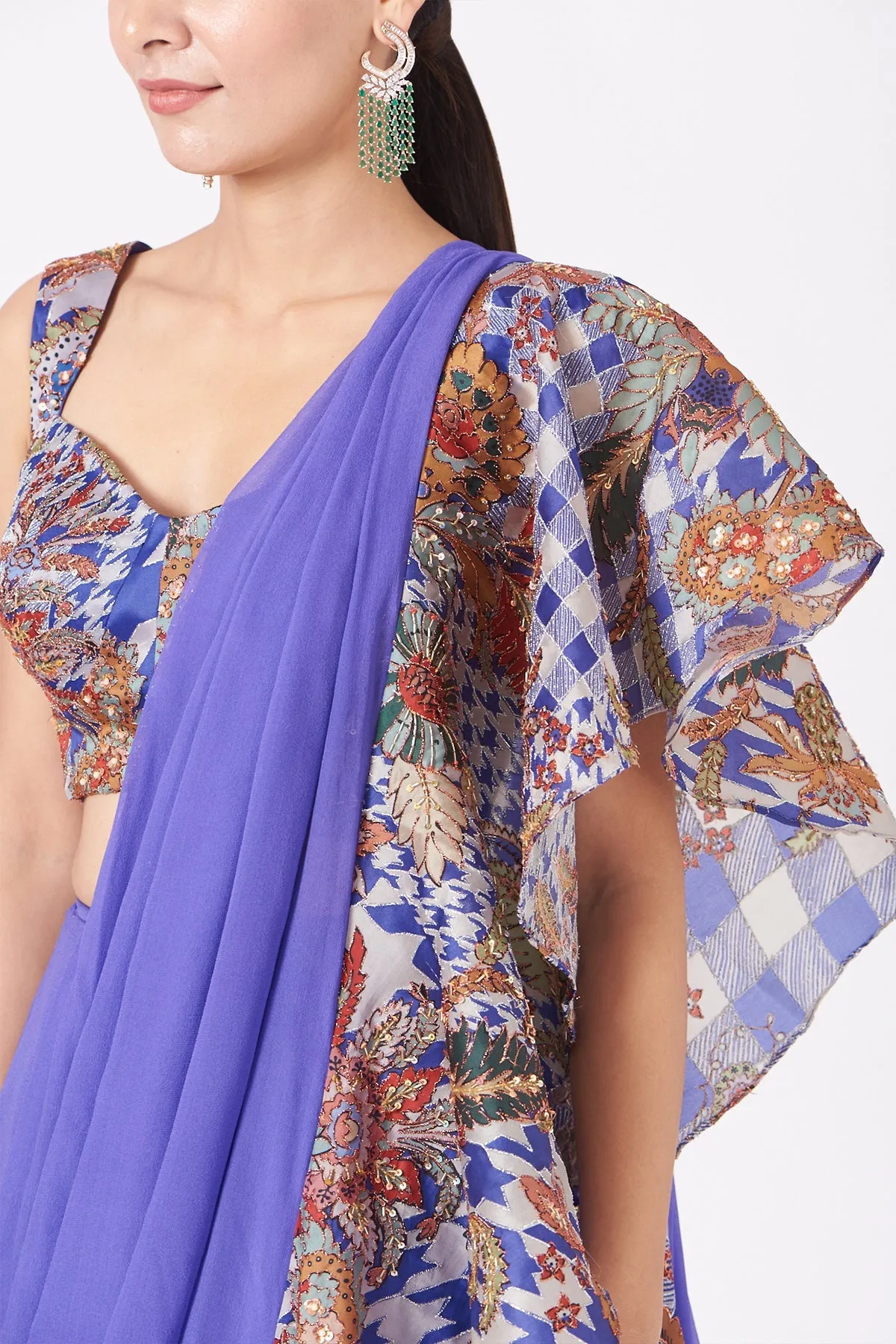 Dodger Blue Juna Satin Organza Printed And Embellished Ruffle Saree And Blouse.