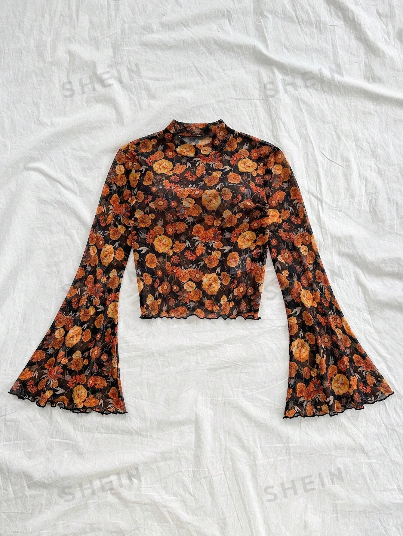Dreamara Women's Vacation Casual Tiny Ditsy Floral Stand Collar Flare Sleeve Top