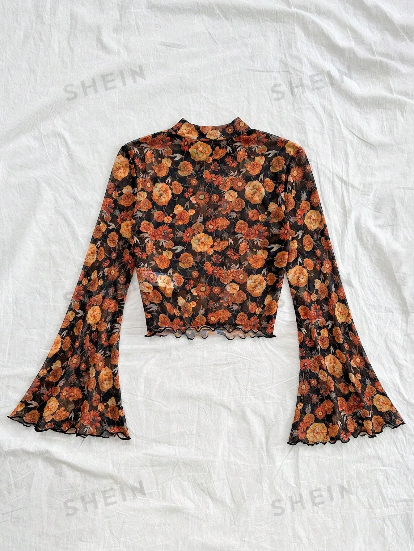 Dreamara Women's Vacation Casual Tiny Ditsy Floral Stand Collar Flare Sleeve Top