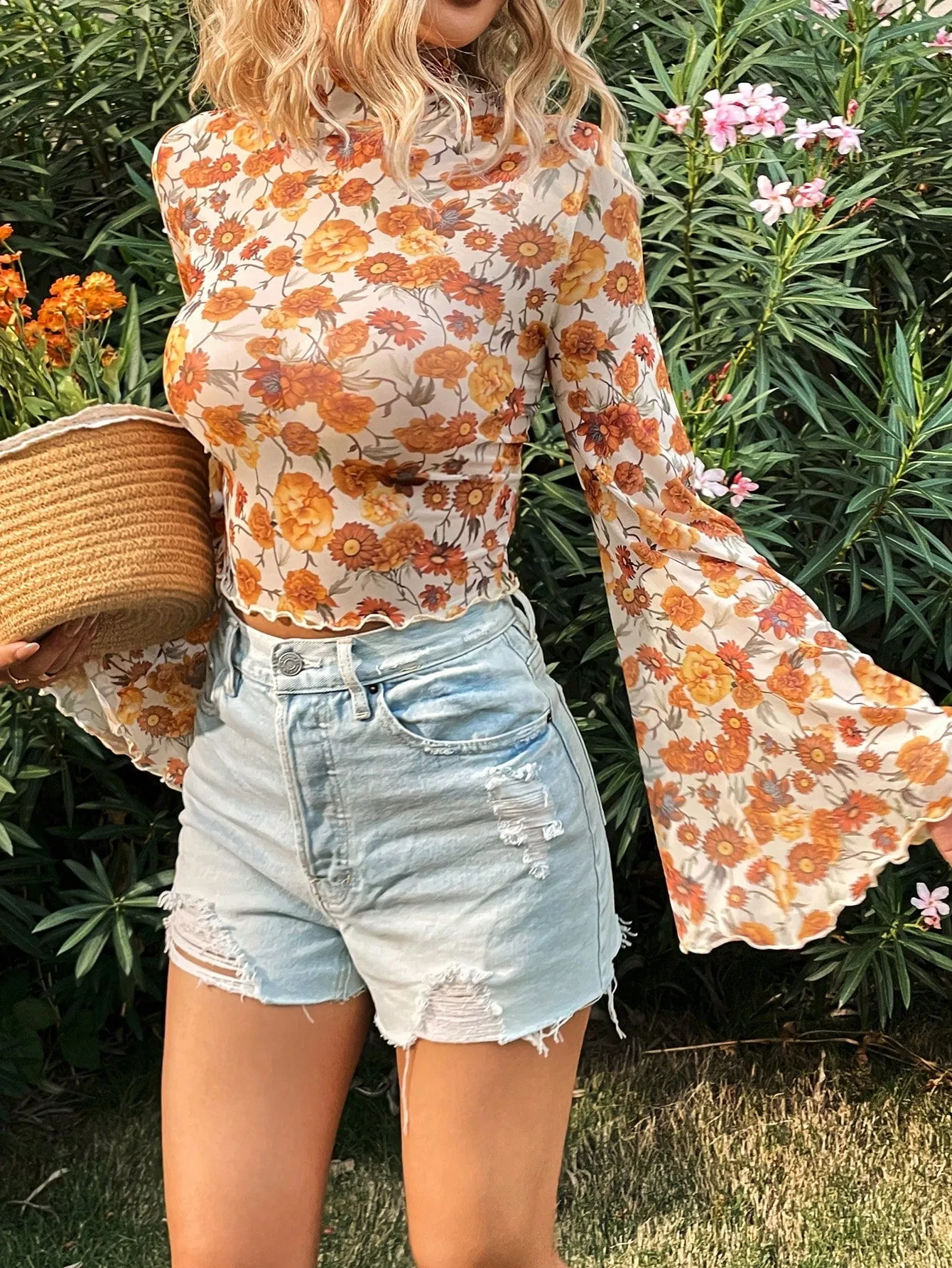 Dreamara Women's Vacation Casual Tiny Ditsy Floral Stand Collar Flare Sleeve Top