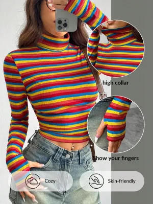 EZwear Women's New Colorful Stripe Stand Collar Form-Fitting Long Sleeve Crop Top