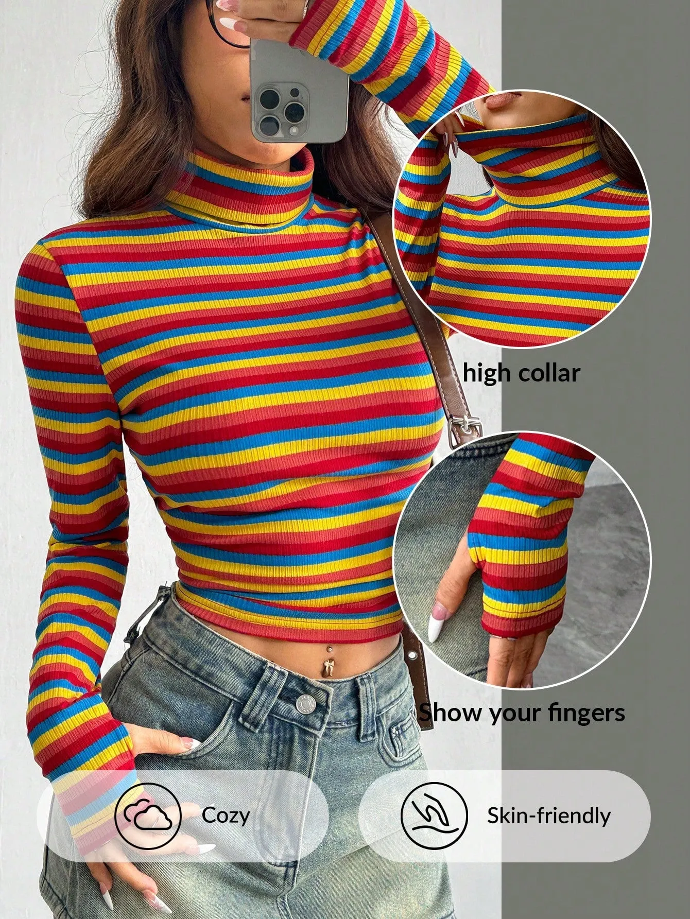 EZwear Women's New Colorful Stripe Stand Collar Form-Fitting Long Sleeve Crop Top