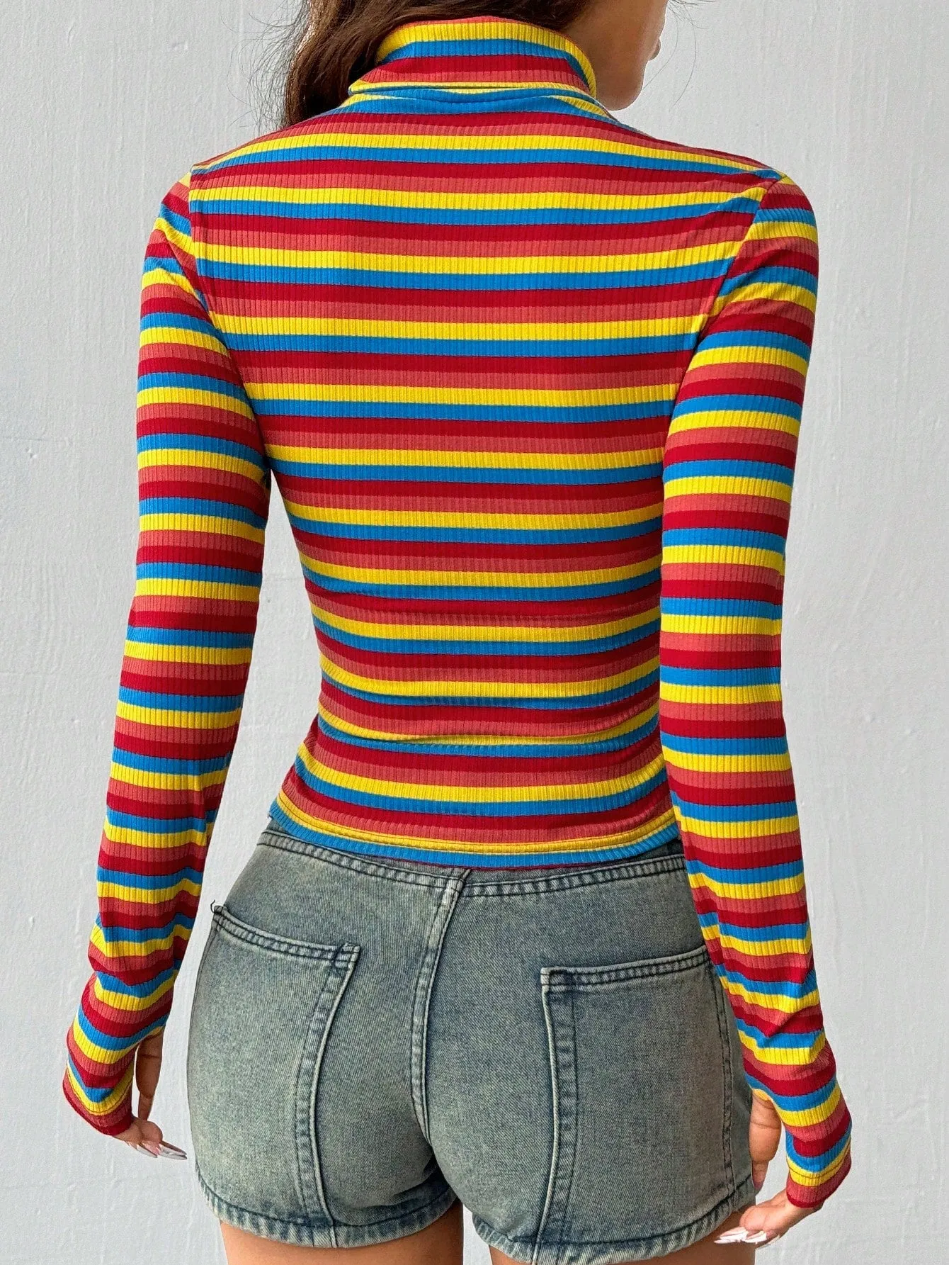 EZwear Women's New Colorful Stripe Stand Collar Form-Fitting Long Sleeve Crop Top