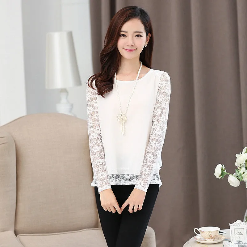 Fashion Female Shirts Women Style Tops women's Crochet Lace Floral Loose Chiffon Blouses Plus Size