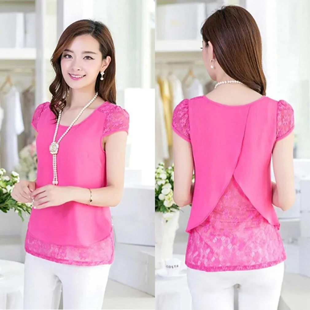 Fashion Female Shirts Women Style Tops women's Crochet Lace Floral Loose Chiffon Blouses Plus Size
