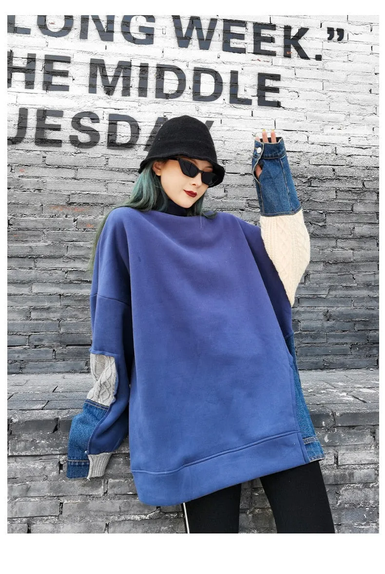 Female Casual Patchwork Knit Denim Sweatshirts Tops