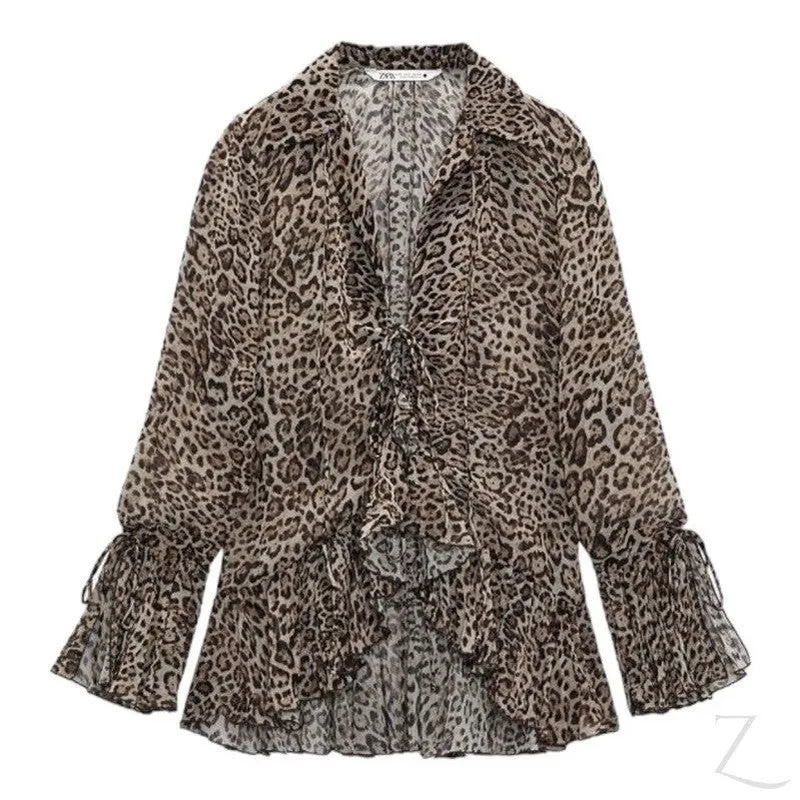 Ladies Sheer Blouse with Raffles | Leopard Print | "Zia"