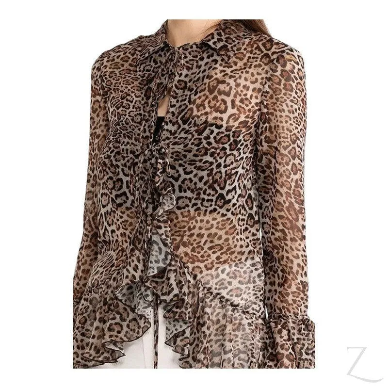 Ladies Sheer Blouse with Raffles | Leopard Print | "Zia"