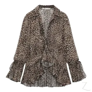 Ladies Sheer Blouse with Raffles | Leopard Print | "Zia"