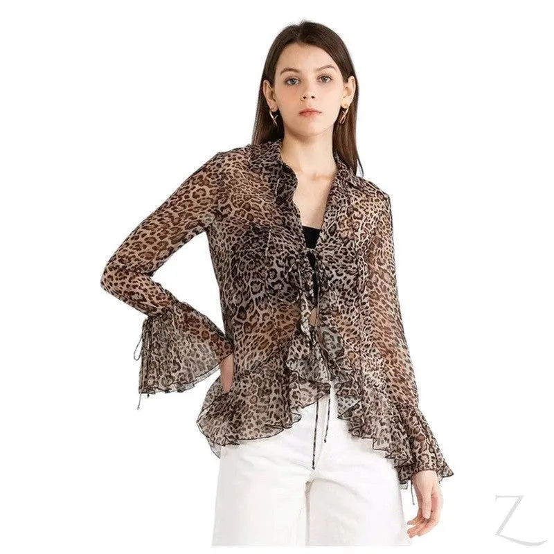 Ladies Sheer Blouse with Raffles | Leopard Print | "Zia"