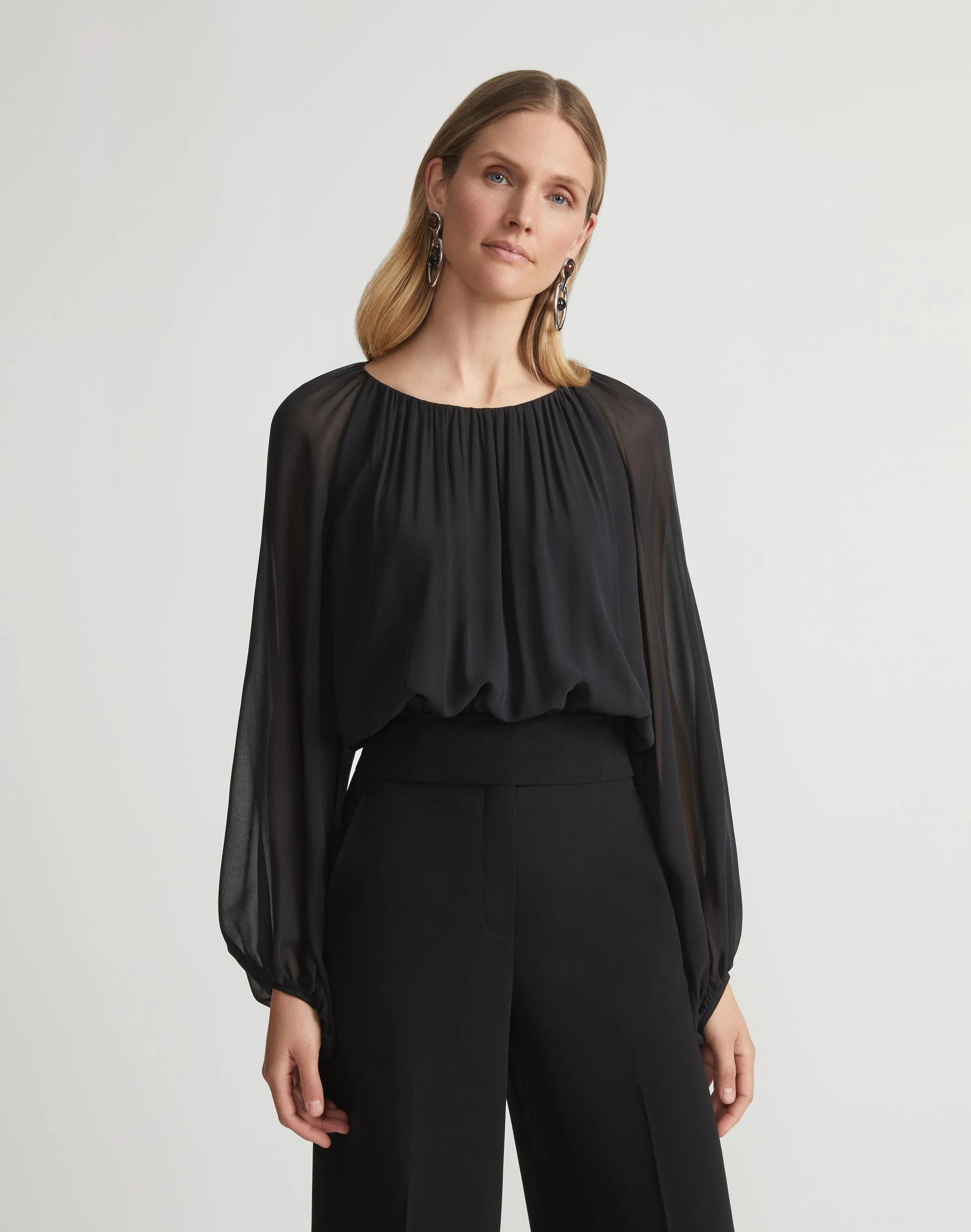 Lafayette 148 Gathered Neck Silk Georgette Blouse