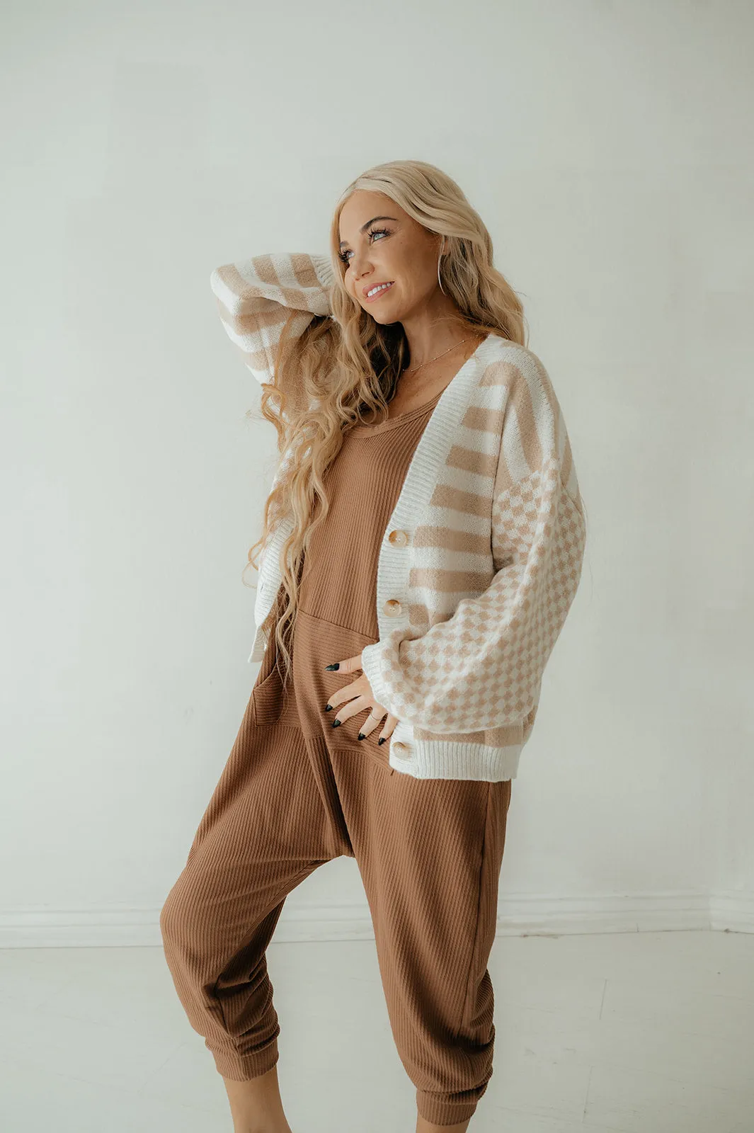 Latte Stiped Checkered Cardigan