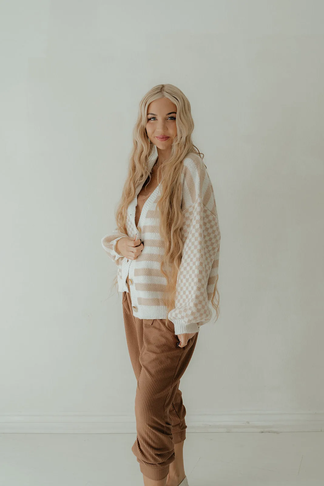 Latte Stiped Checkered Cardigan