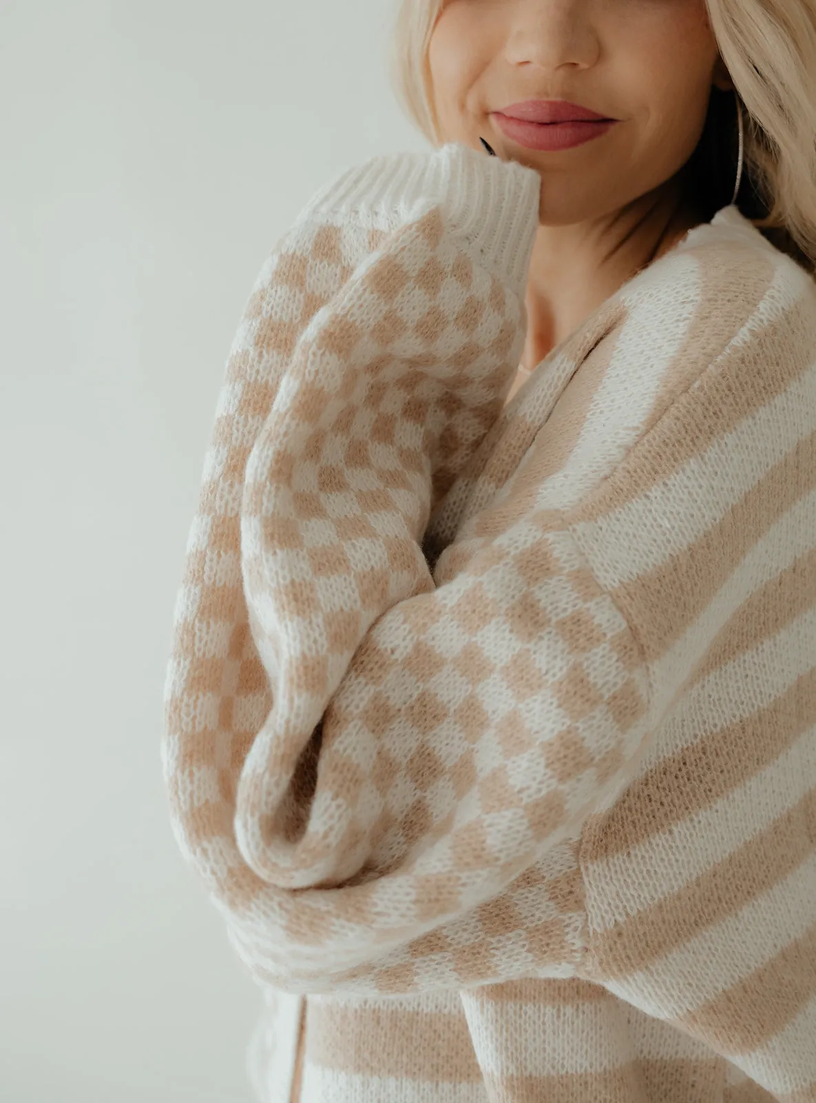 Latte Stiped Checkered Cardigan