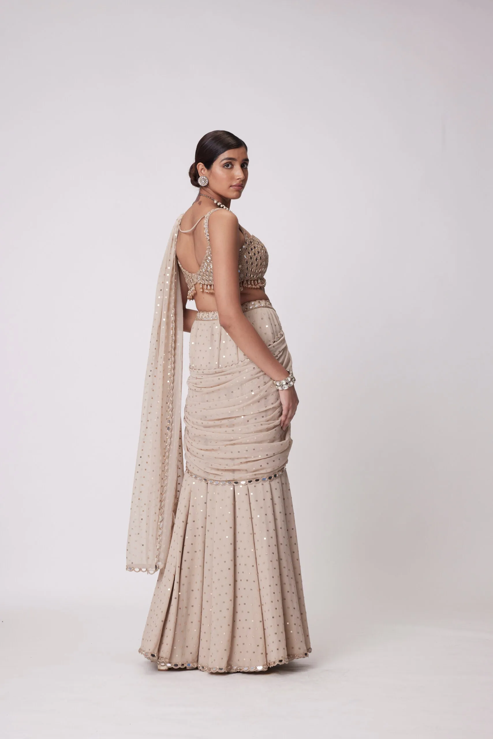 Light Beige Georgette Draped Saree Set
