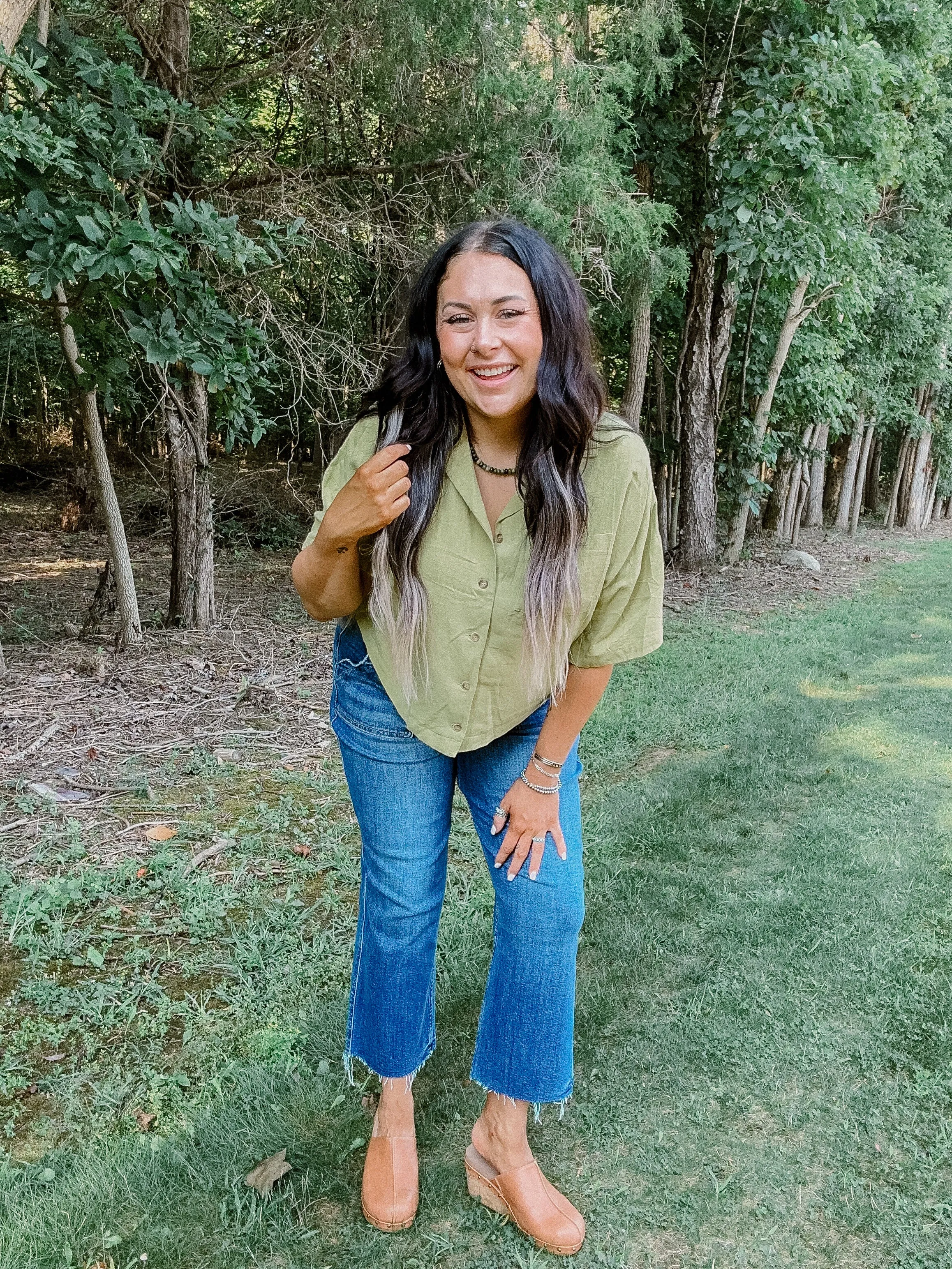 Linen Blend Notched Collar Button Up Crop