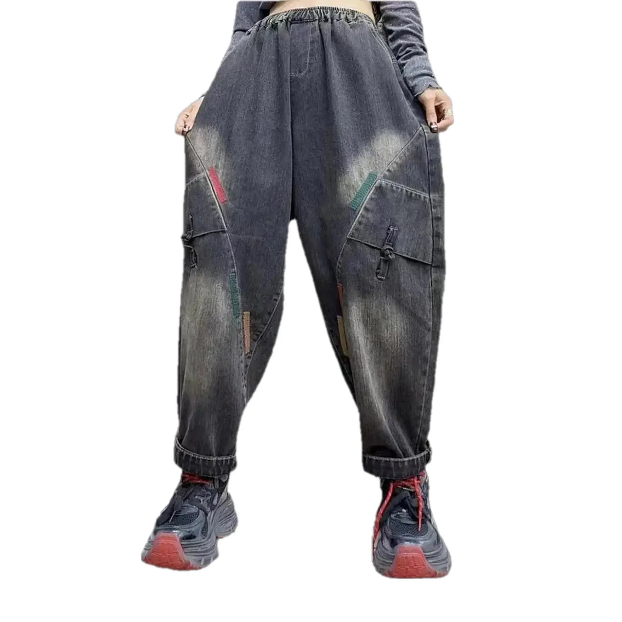 Mid waist retro fashion denim joggers for women