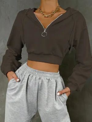 MOOSTA Women's Zip Half Placket Drop Shoulder Long Sleeve Hooded Cropped Sweatshirt, Autumn/Winter