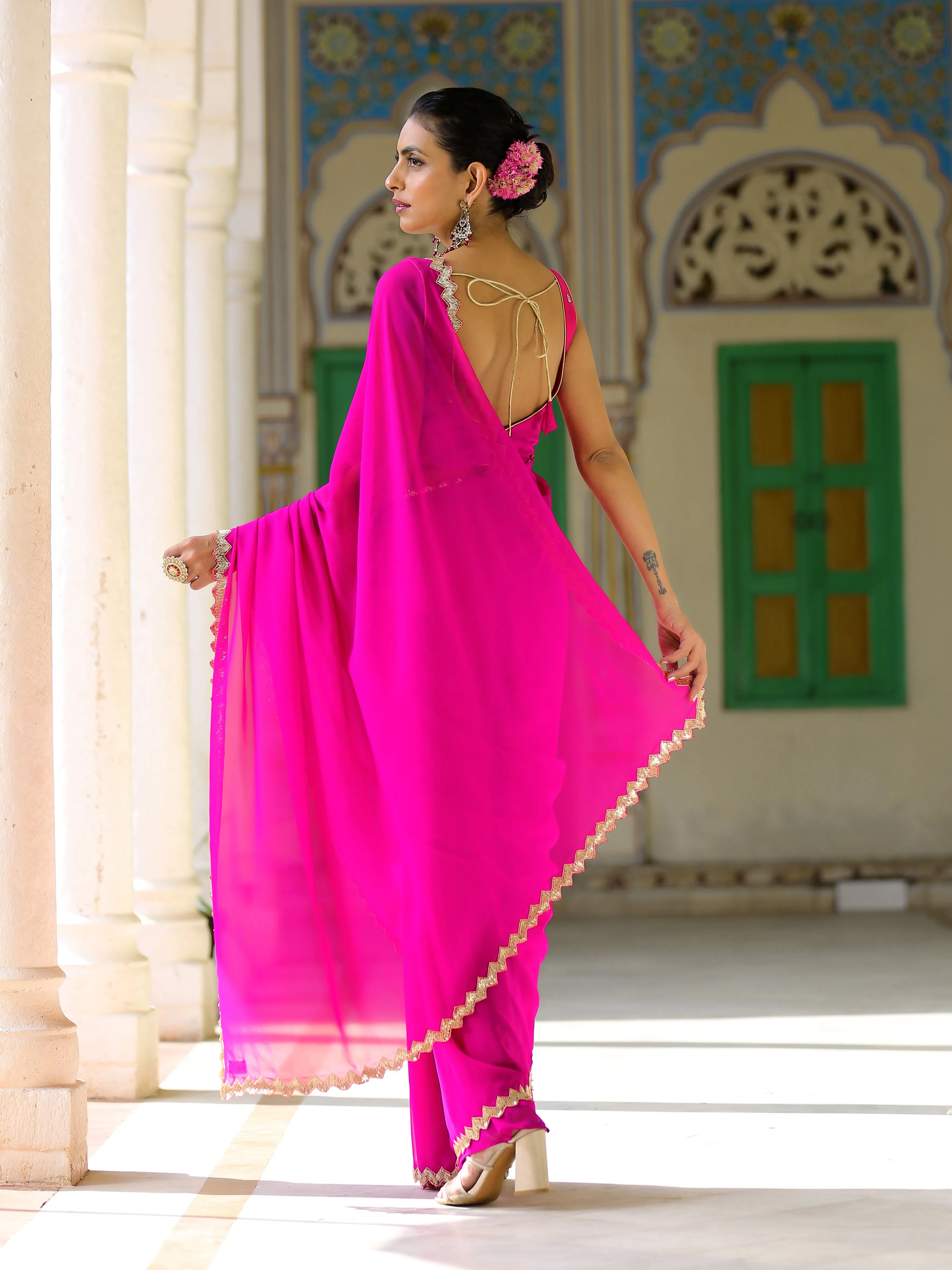 Pink Sparkle Saree with Gold Sequins & Embellished Blouse fabric