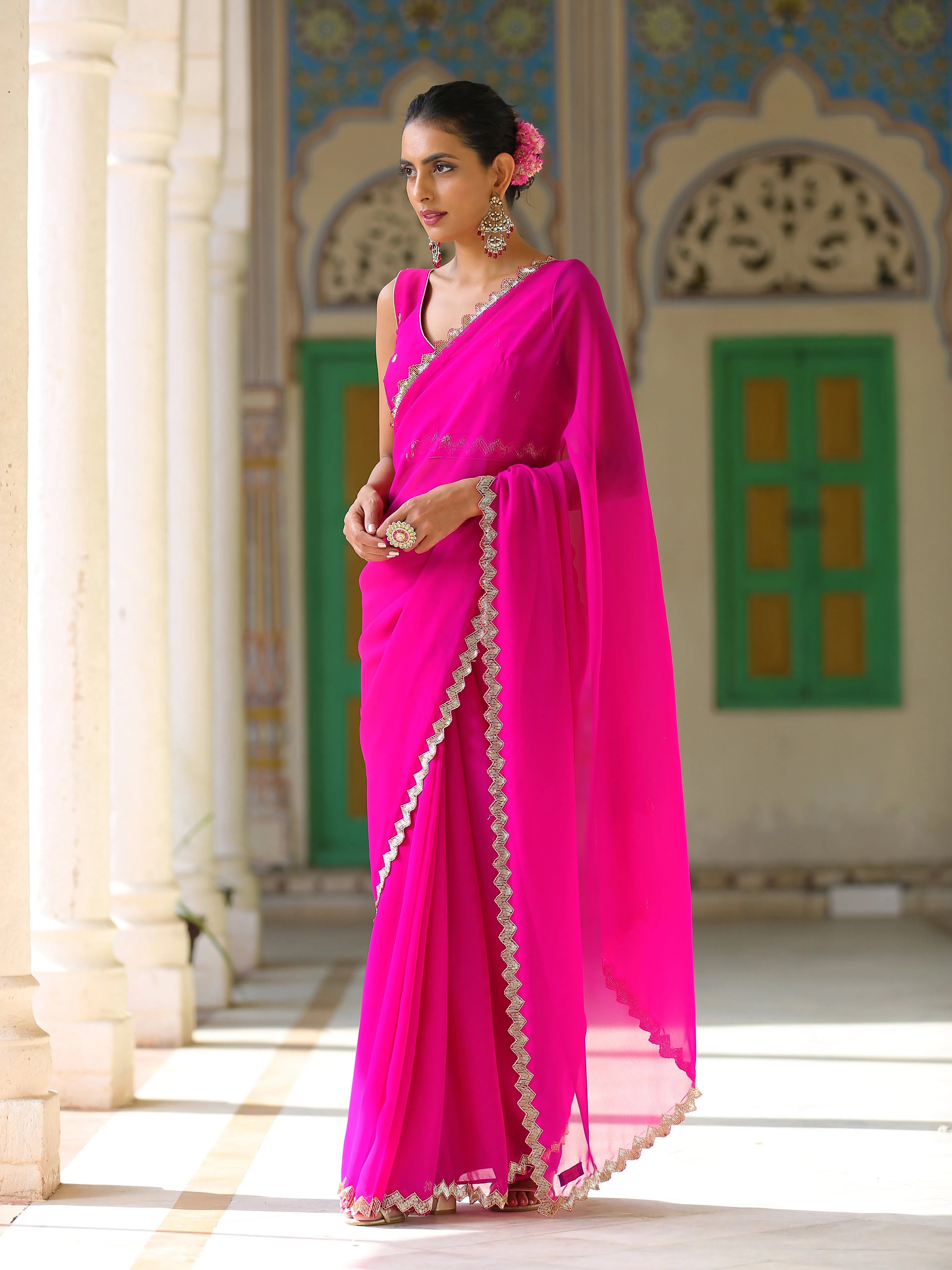 Pink Sparkle Saree with Gold Sequins & Embellished Blouse fabric