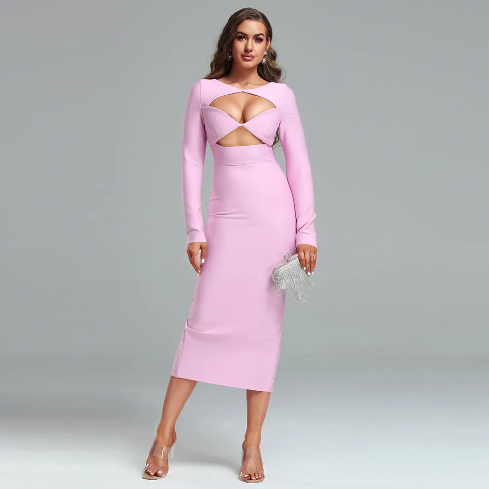 Round Neck Midi Hollow-out Bandage Dress